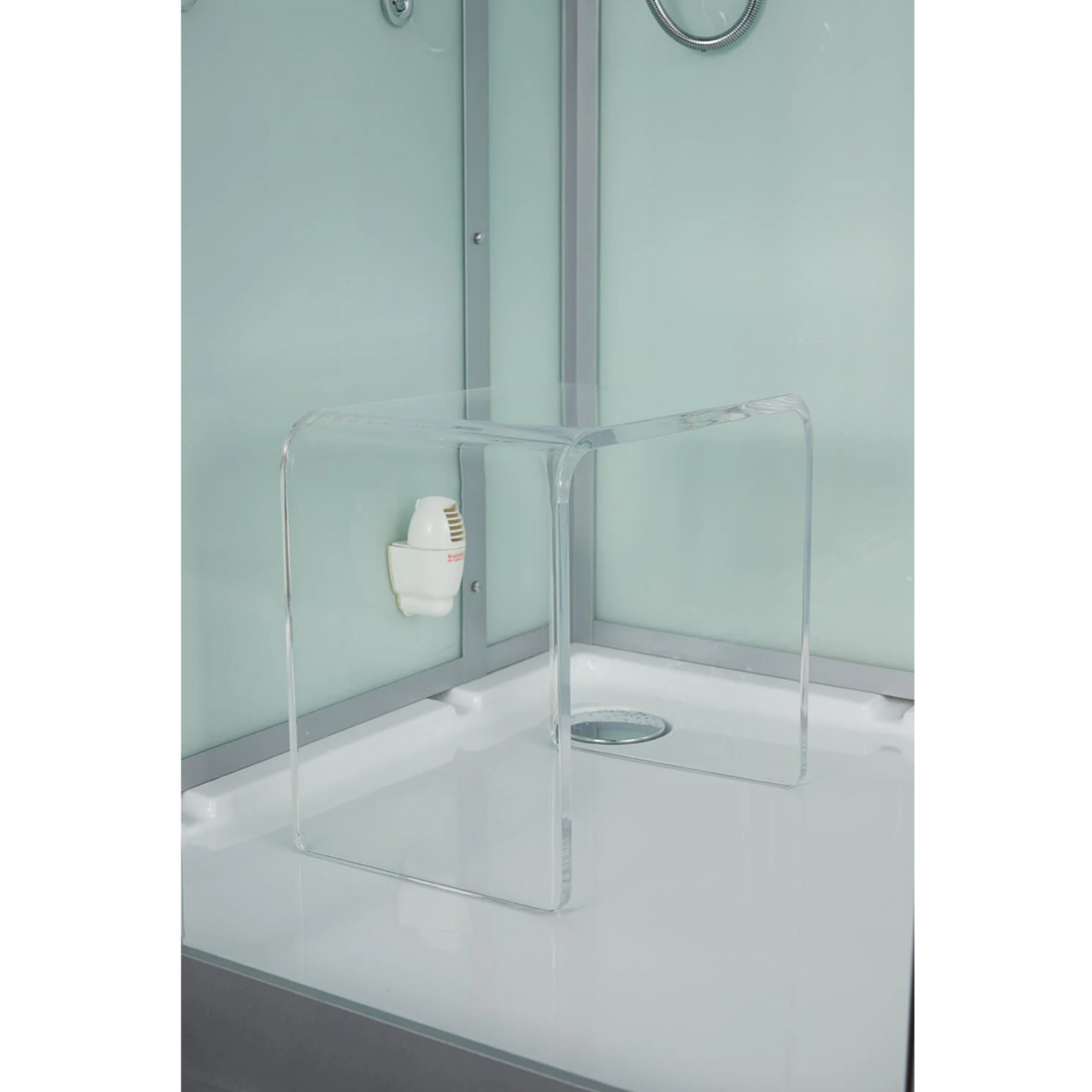 Close-up view of the removable bench seat of Maya Bath Platinum Arezzo Steam Shower white version.