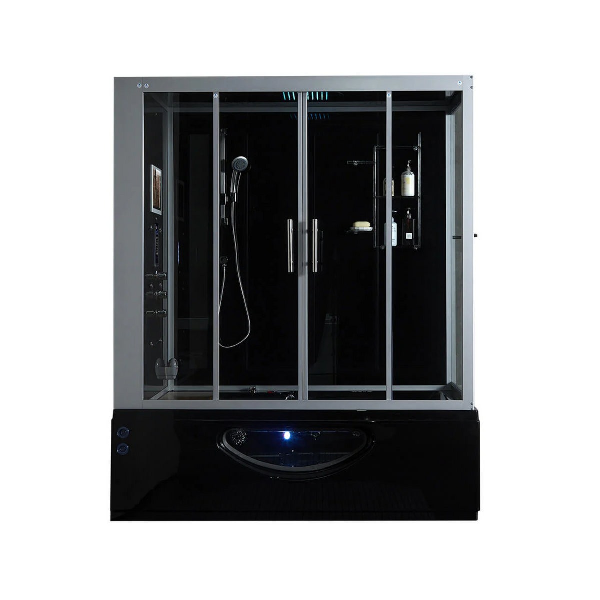 Front view of Maya Bath Platinum Catania Steam Shower black version with shower in left position. 