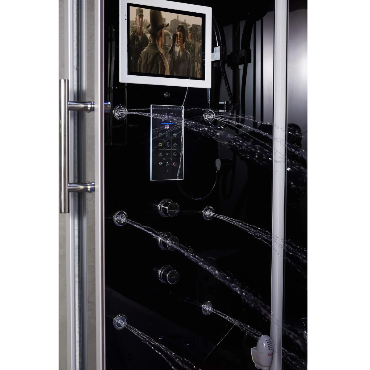 Maya Bath Platinum Catania Steam Shower black version being used, showcasing a movie being placed on the smart TV and the massage jets ejecting water.