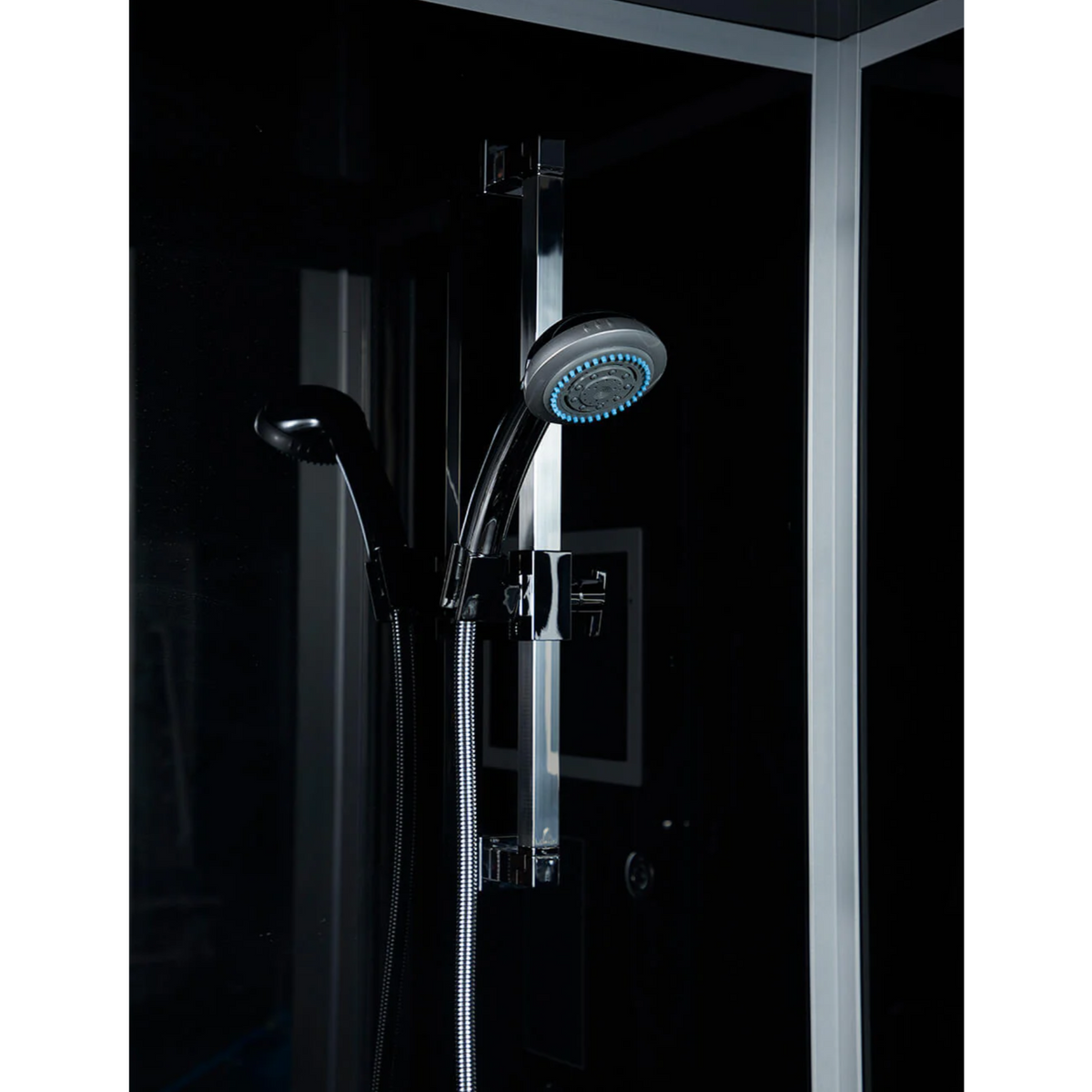 Close up view of the shower of Maya Bath Platinum Catania Steam Shower black version.