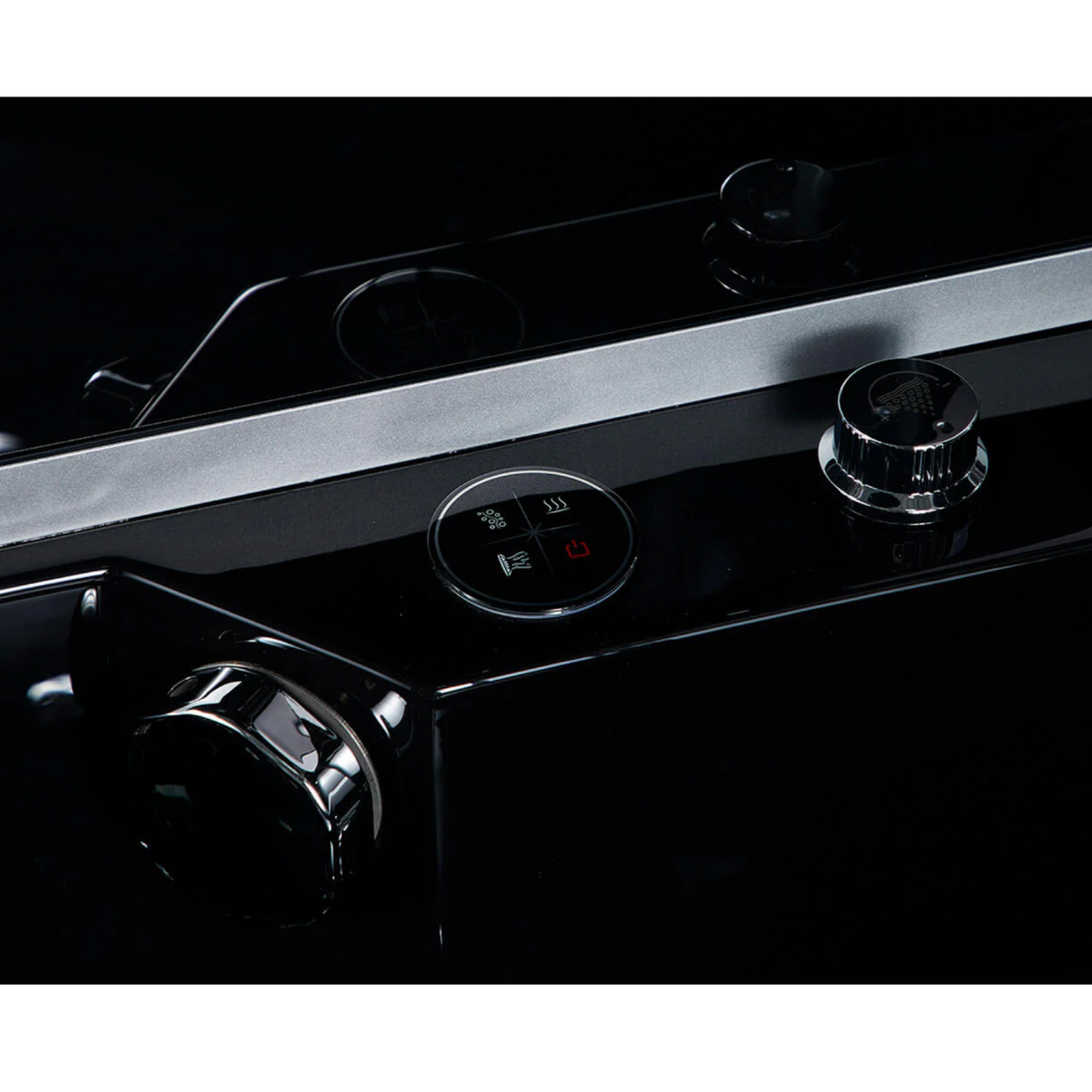 Close-up view of interior details of Maya Bath Platinum Catania Steam Shower black version.