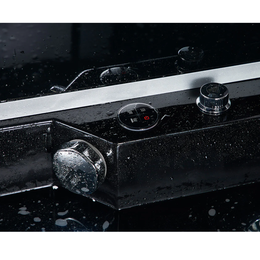 Close-up view of interior details of Maya Bath Platinum Catania Steam Shower black version.