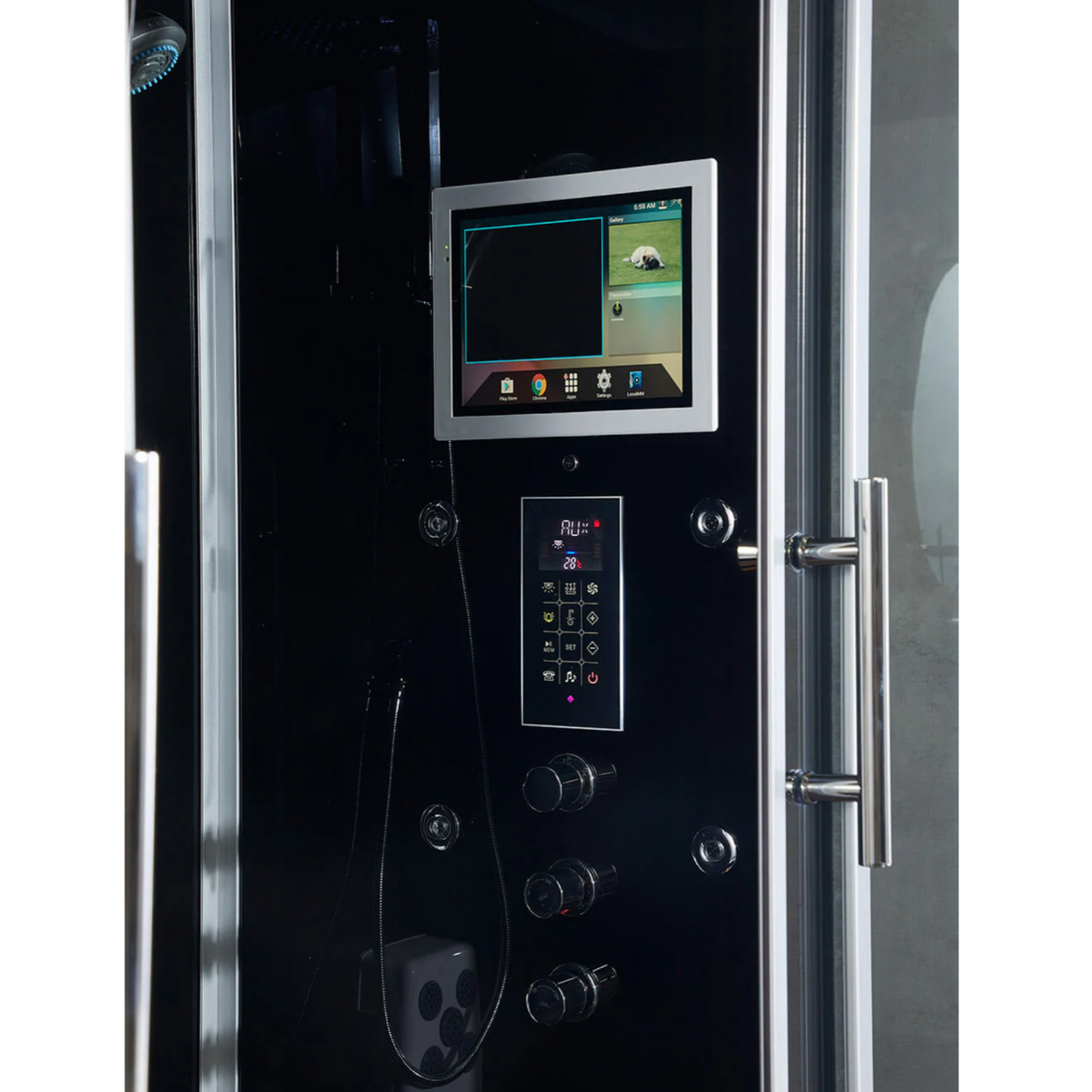 Close-up view of the smart TV of Maya Bath Platinum Catania Steam Shower black version.