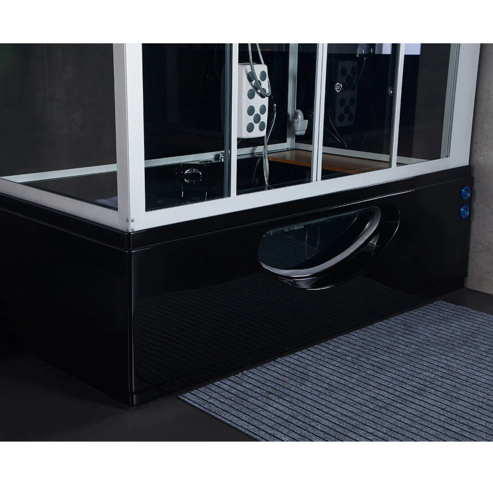 Outside view of the base of Maya Bath Platinum Catania Steam Shower black version.