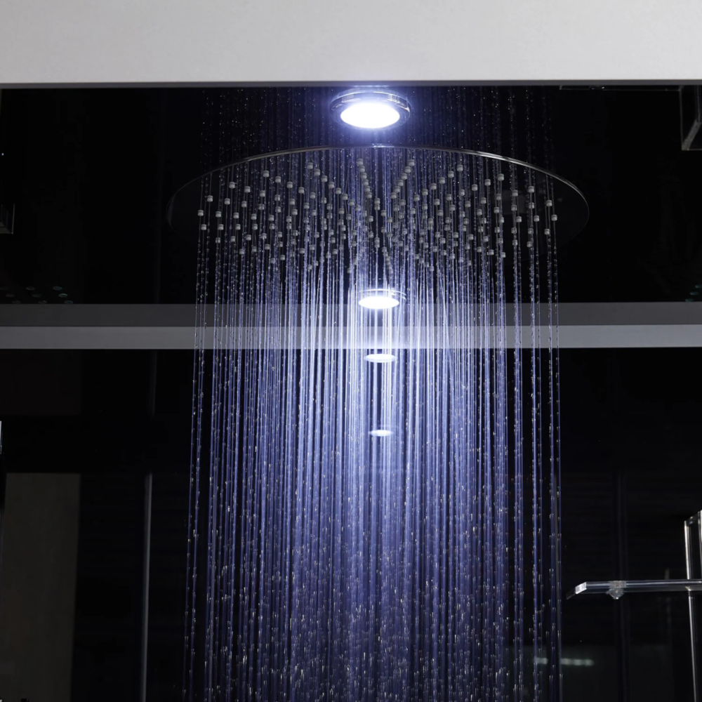 Close-up view of interior details of Maya Bath Platinum Catania Steam Shower black version.