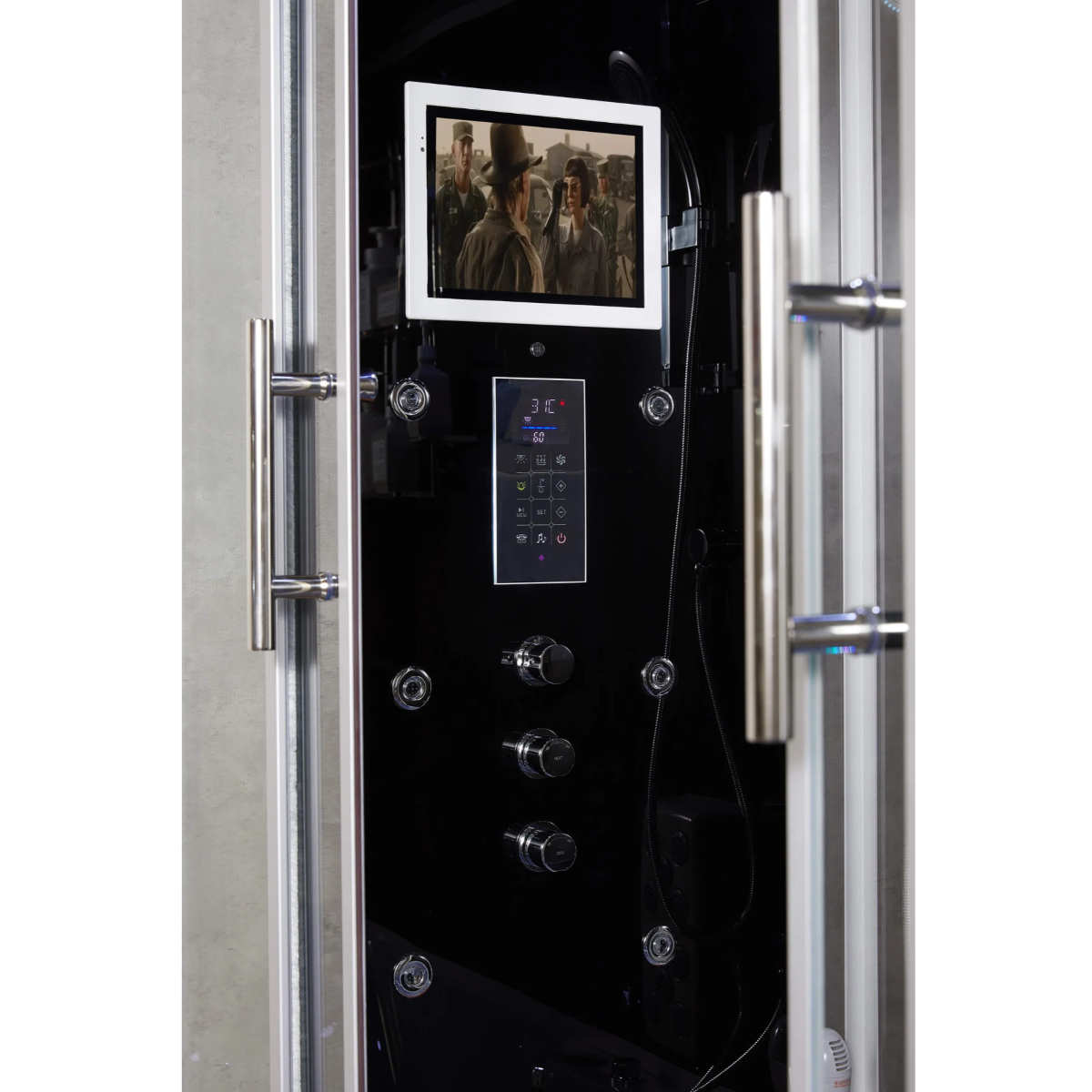 Interior view of Maya Bath Platinum Catania Steam Shower black version showing the control panel, smart tv and massage jets.