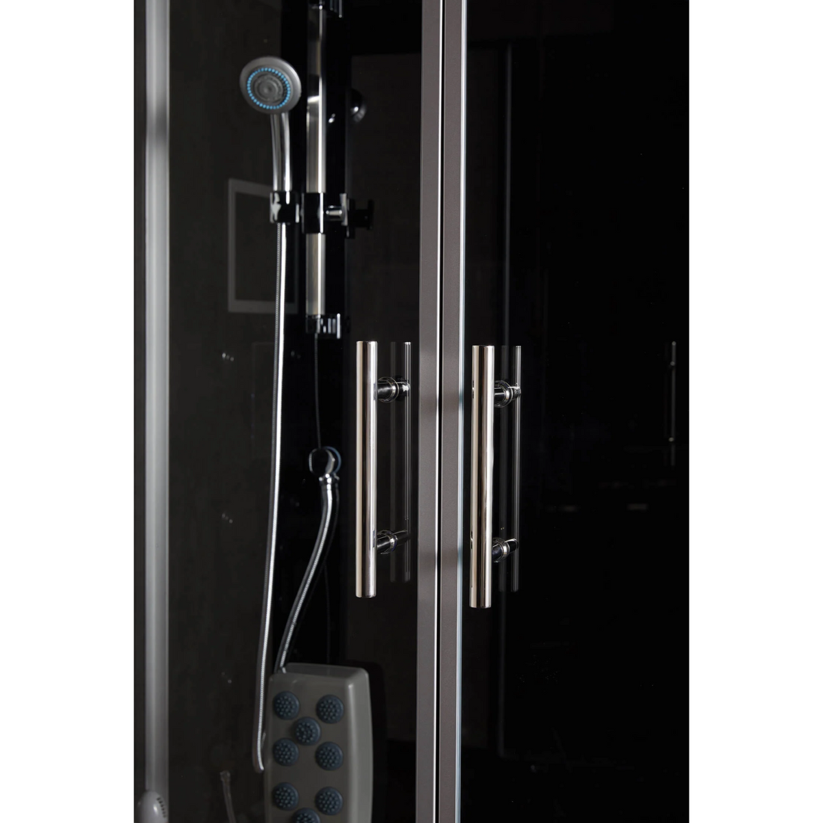 Close-up interior view of Maya Bath Platinum Catania Steam Shower black version showing the door handles.