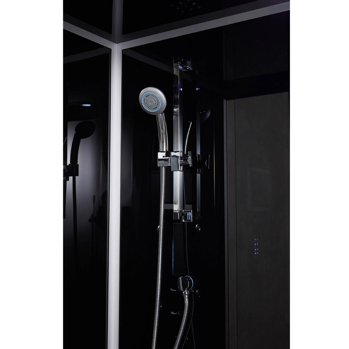 Close-up view of the interior of Maya Bath Platinum Catania Steam Shower black version.