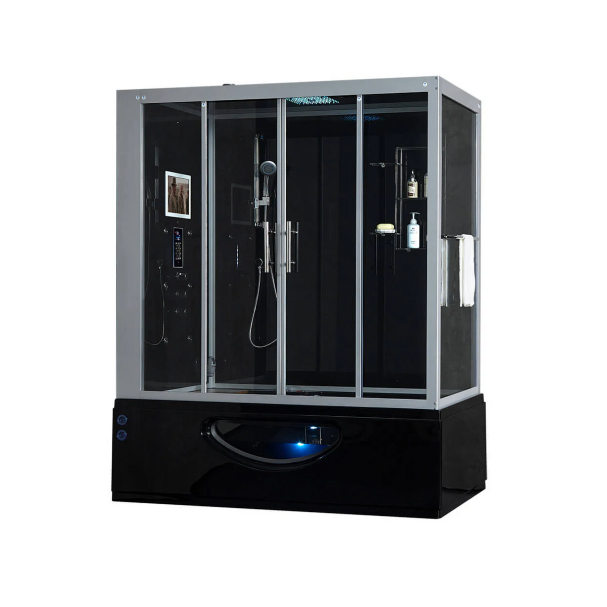 Main view of Maya Bath Platinum Catania Steam Shower black version with shower in left position.