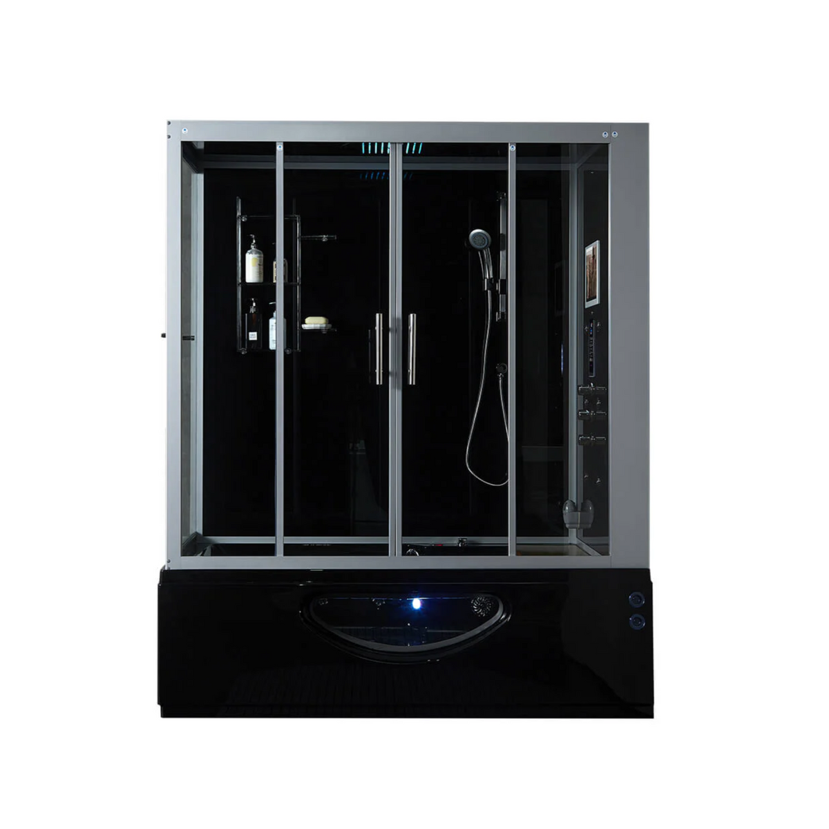 Front view of Maya Bath Platinum Catania Steam Shower black version with shower in right position.