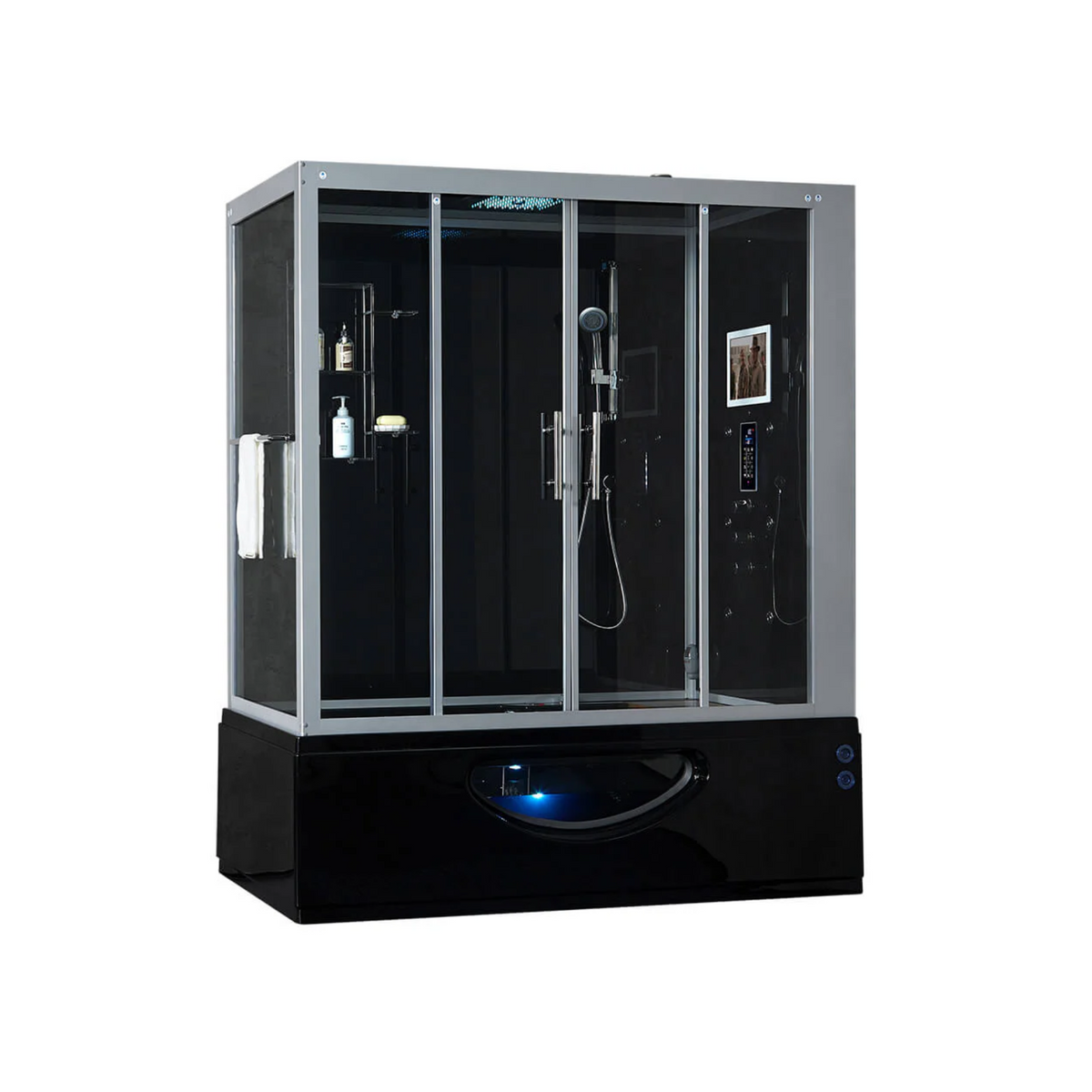 Main view of Maya Bath Platinum Catania Steam Shower black version with shower in right position.