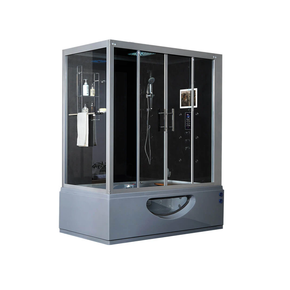 Main view of Maya Bath Platinum Catania Steam Shower gray version with shower in right position.