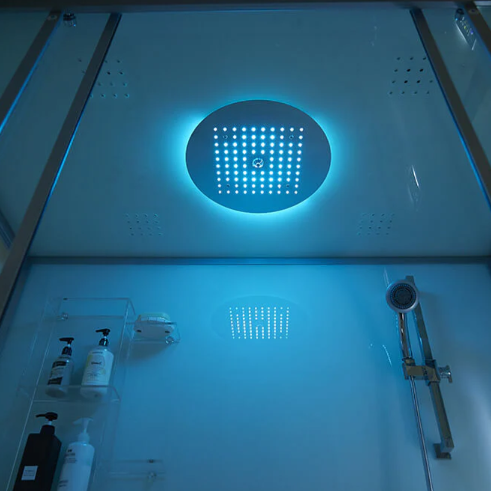 Blue mode of interior light of Maya Bath Platinum Catania Steam Shower.