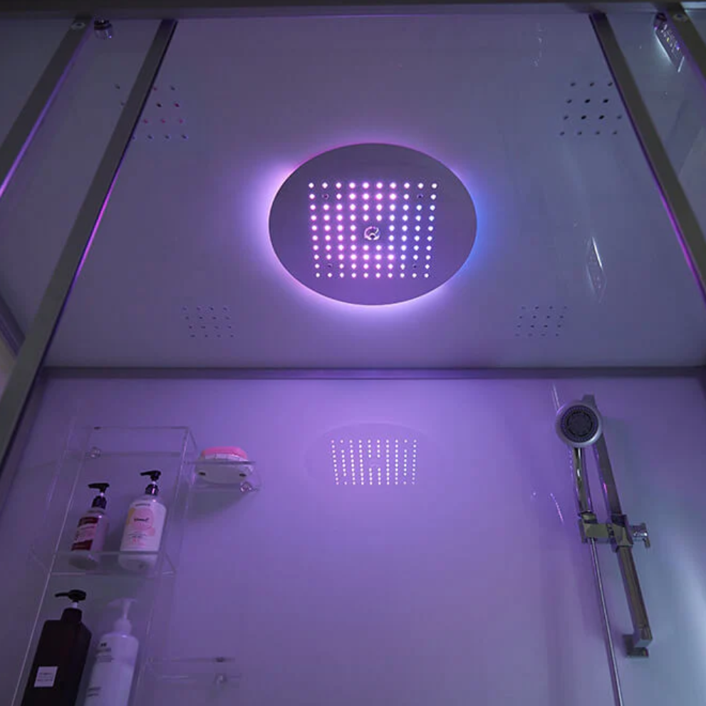 Purple mode of the light of Maya Bath Platinum Catania Steam Shower.