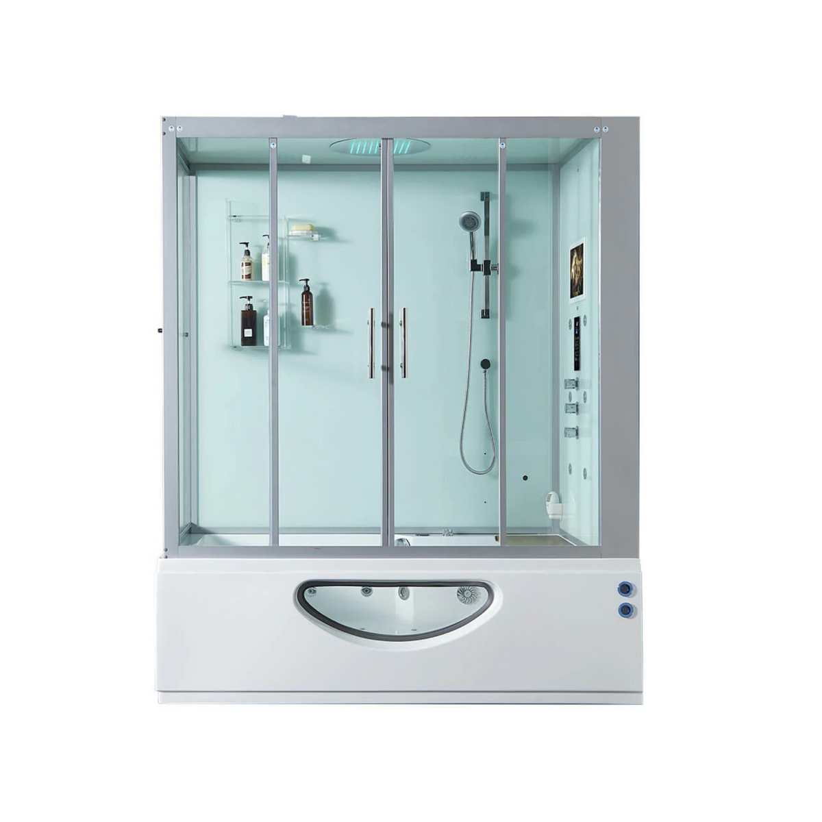 Front view of Maya Bath Platinum Catania Steam Shower white version with shower in the right position.