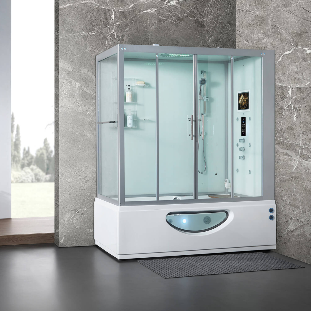 Maya Bath Platinum Catania Steam Shower white version in an interior setting, showcasing its sleek design.