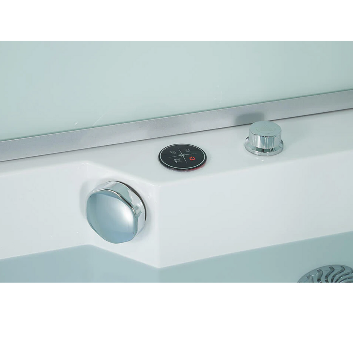 Close-up view of interior elements of Maya Bath Platinum Catania Steam Shower white version.