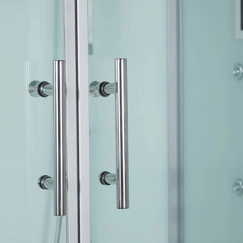 Close-up view of the door handles of Maya Bath Platinum Catania Steam Shower white version.