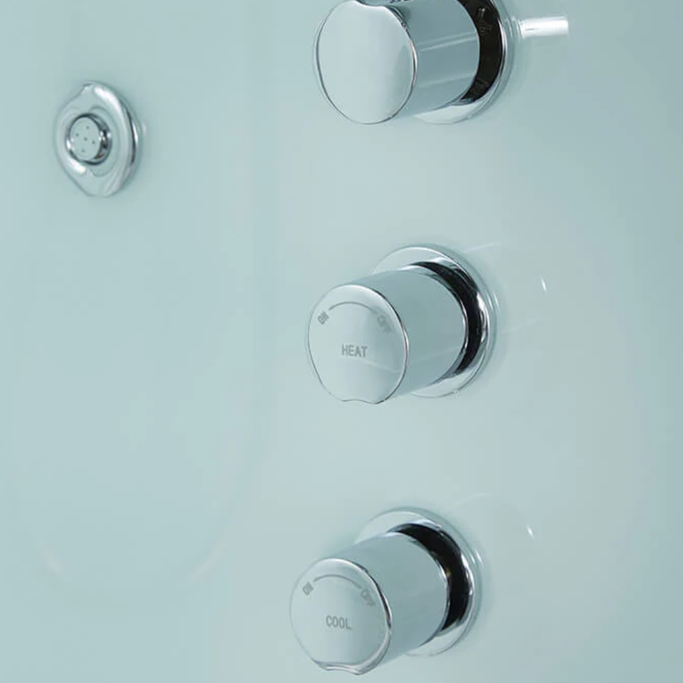 Close-up view of the interior elements of Maya Bath Platinum Catania Steam Shower white version.