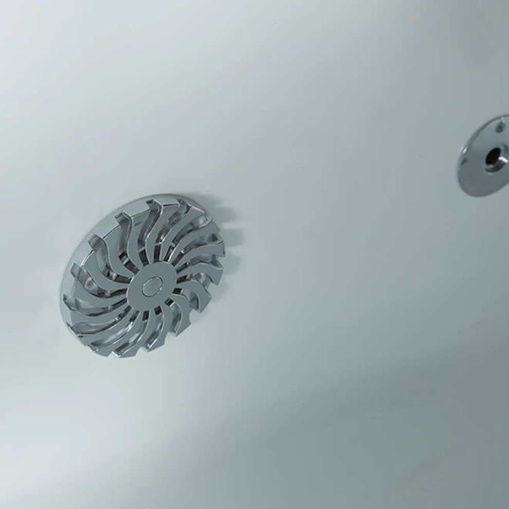 Close-up view of interior elements of Maya Bath Platinum Catania Steam Shower white version.