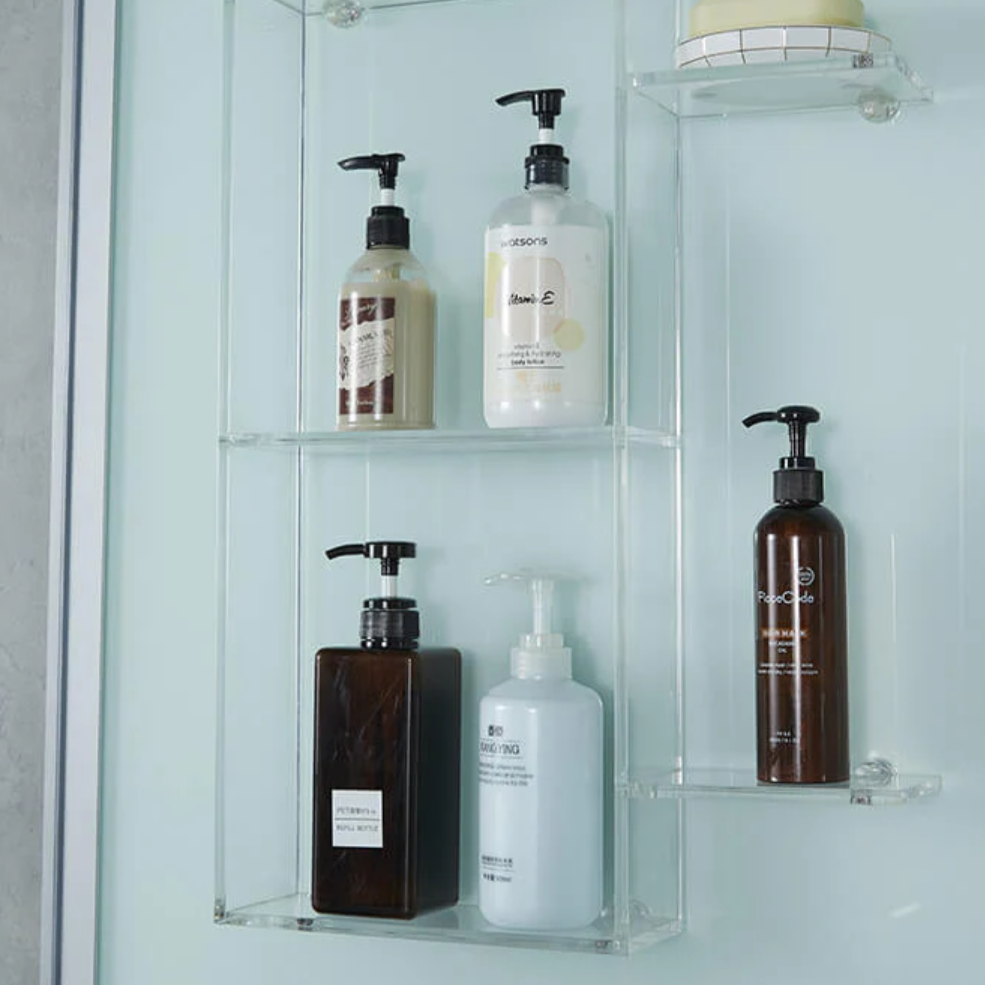 Interior view of Maya Bath Platinum Catania Steam Shower white version, showing the shampoo racks. 