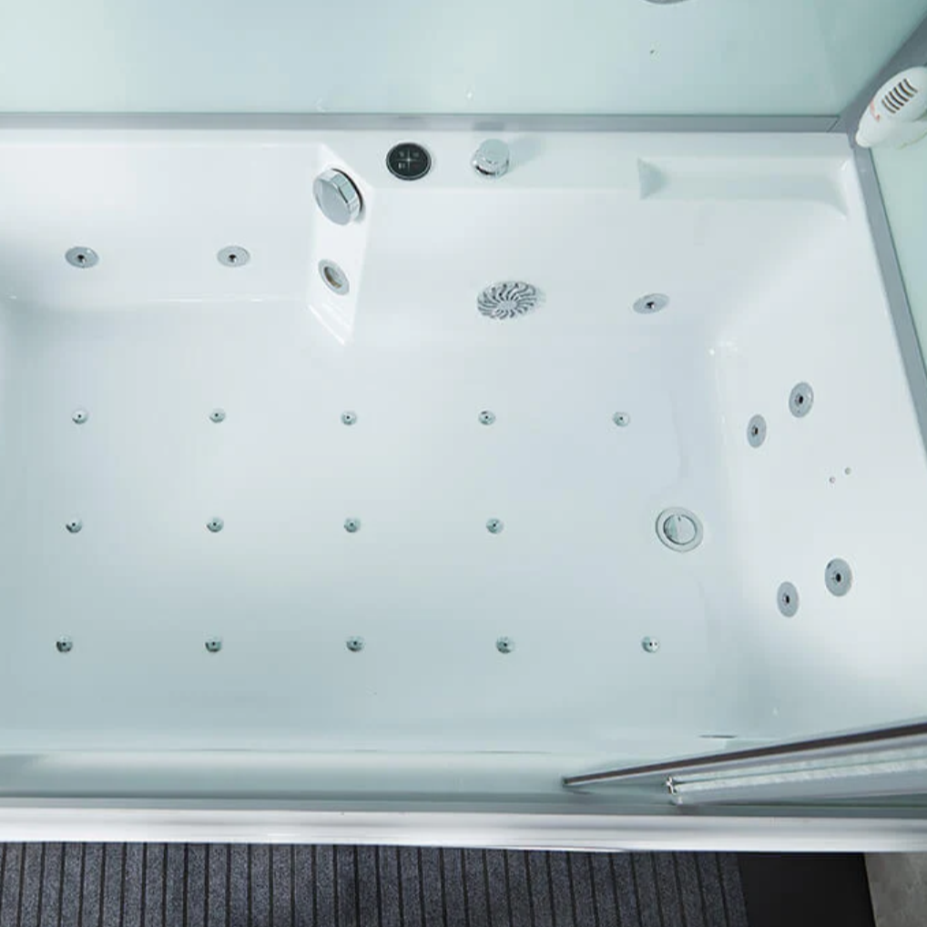 Close-up interior view of Maya Bath Platinum Catania Steam Shower white version.