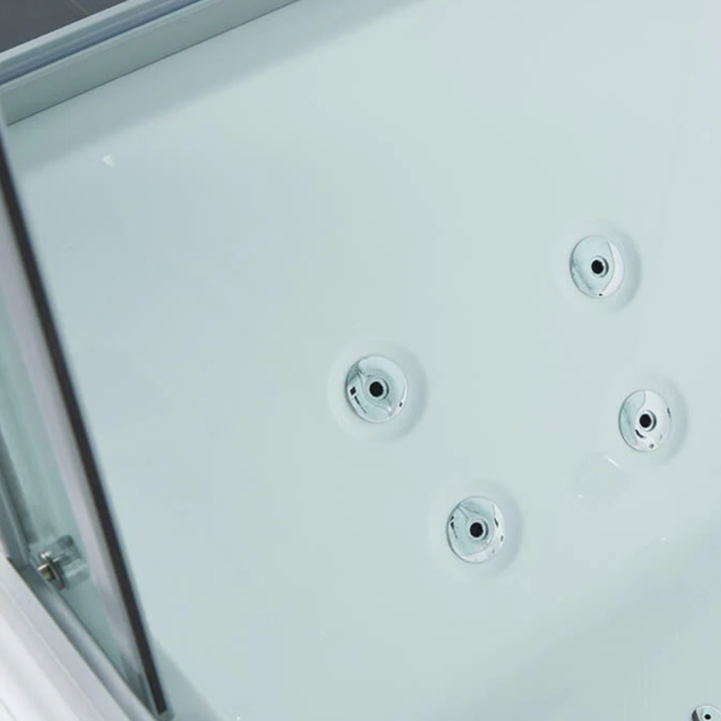 Close-up view of interior elements of Maya Bath Platinum Catania Steam Shower white version.