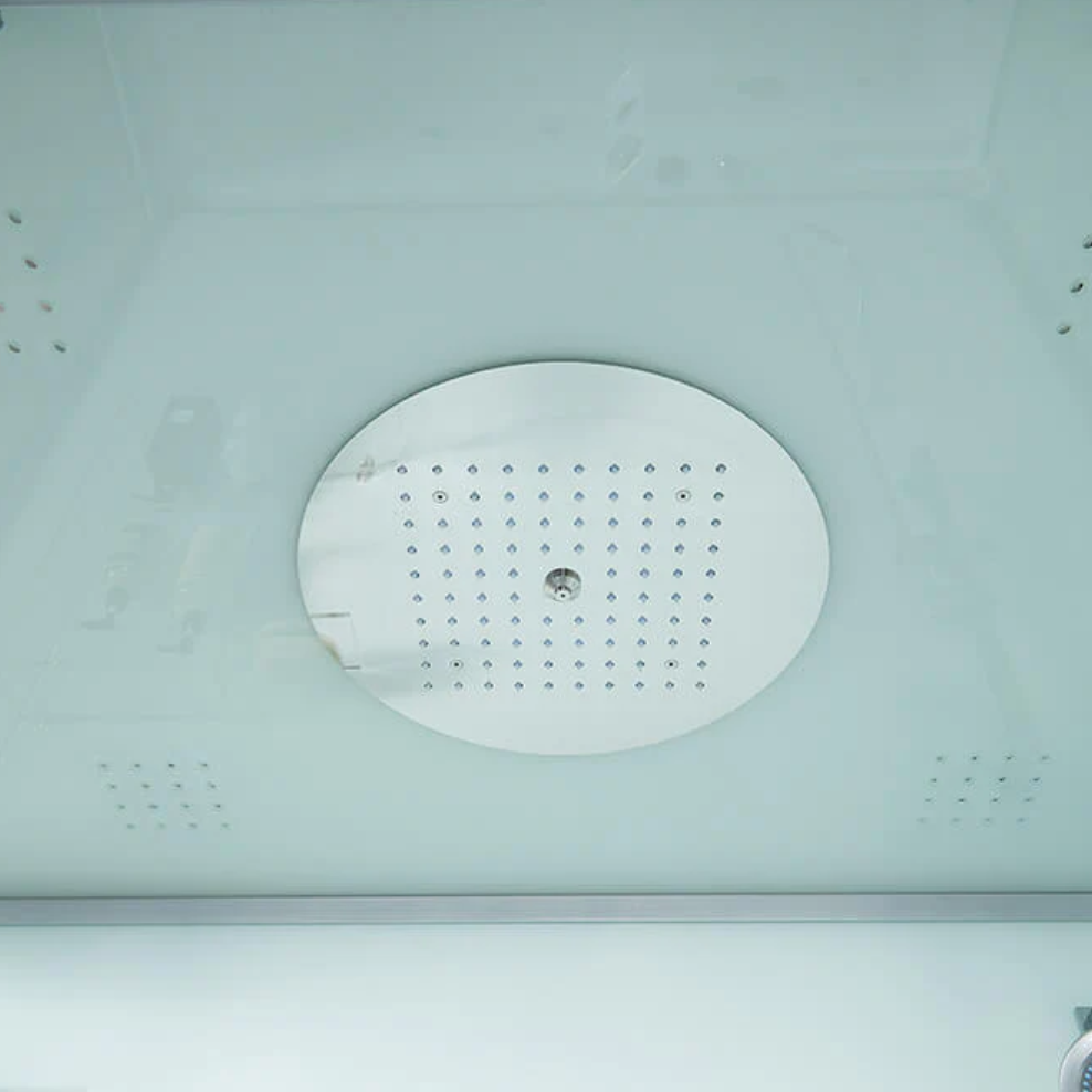 Close-up view of interior elements of Maya Bath Platinum Catania Steam Shower white version.