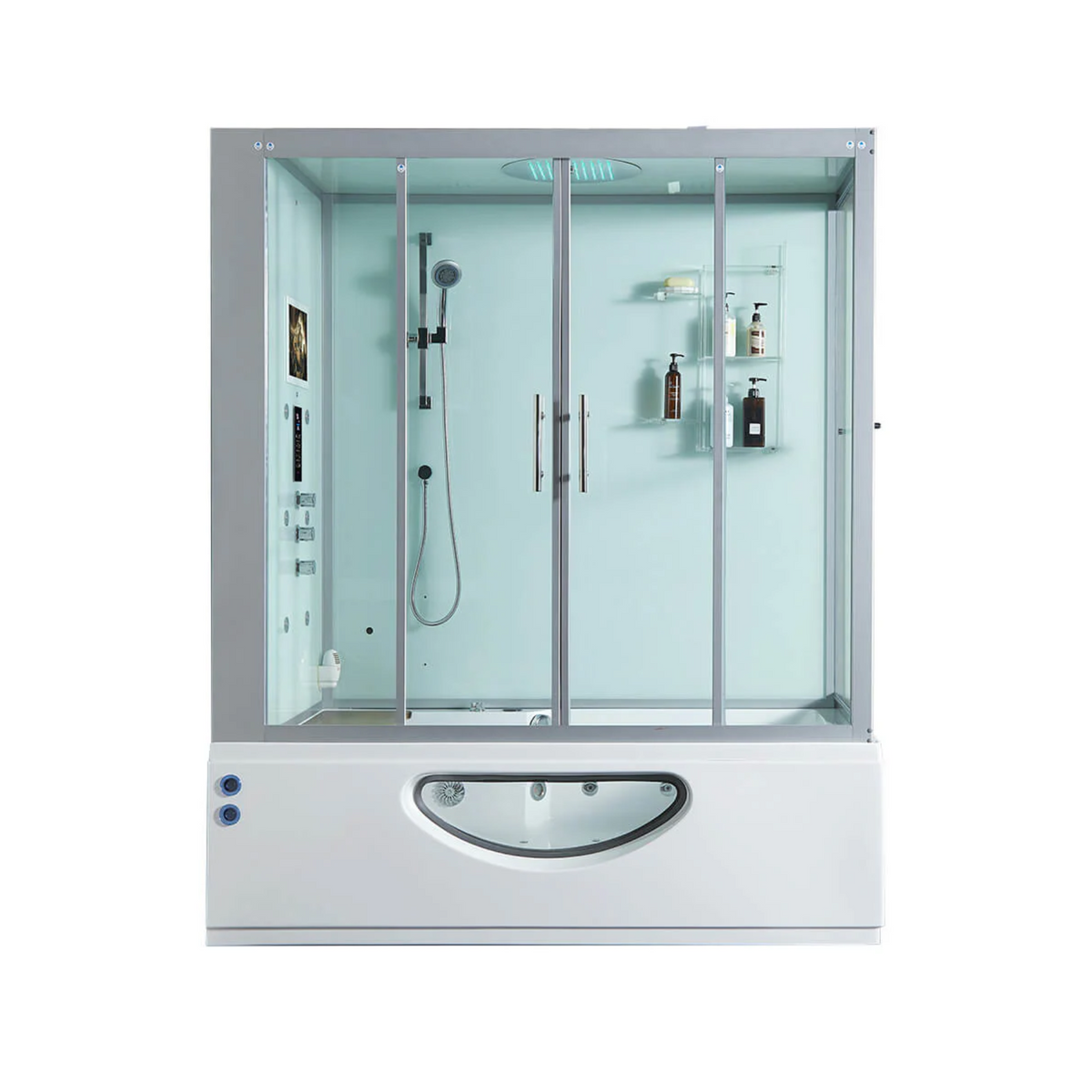 Front view of Maya Bath Platinum Catania Steam Shower white version with shower in the left position.