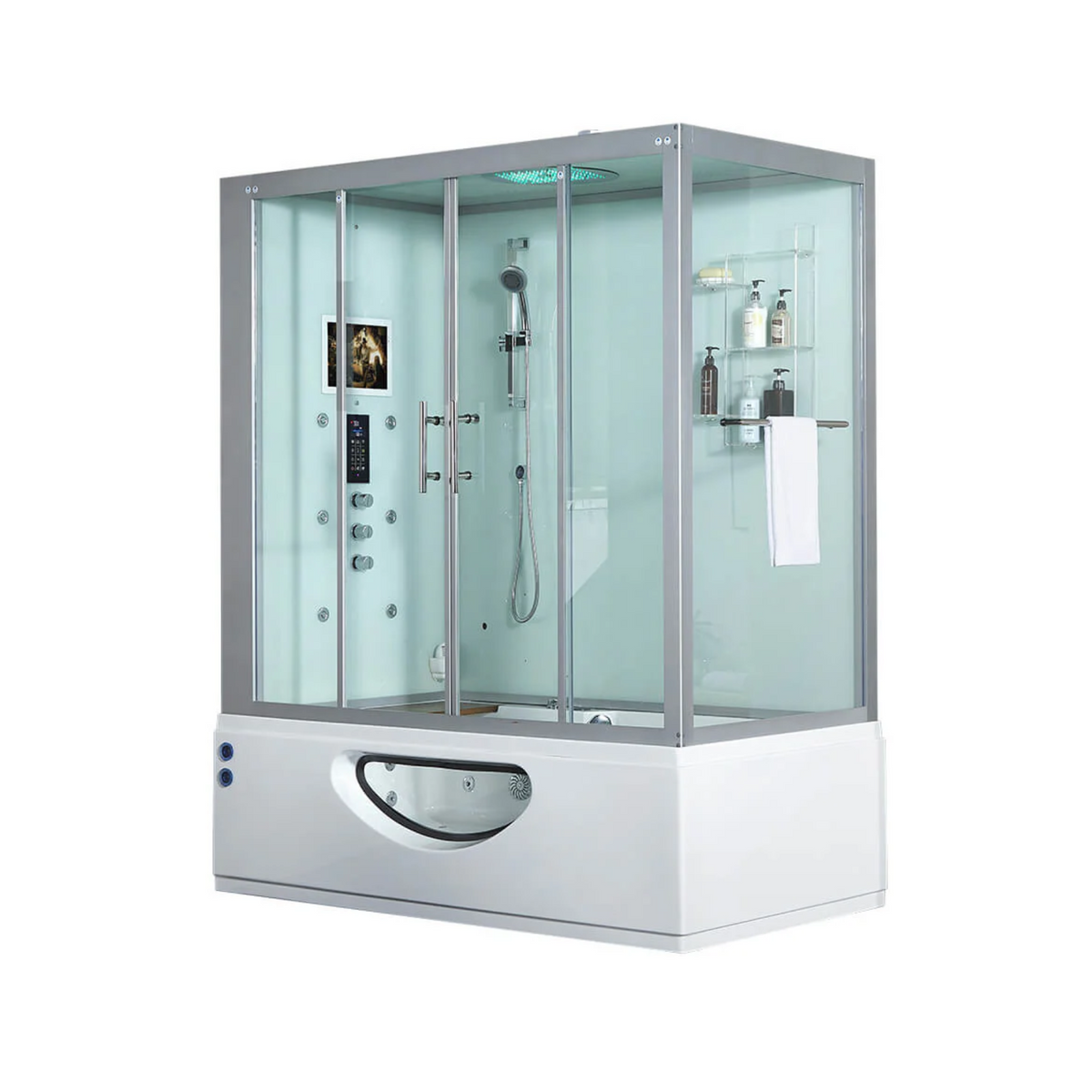 Side view of Maya Bath Platinum Catania Steam Shower white version with shower in the left position.