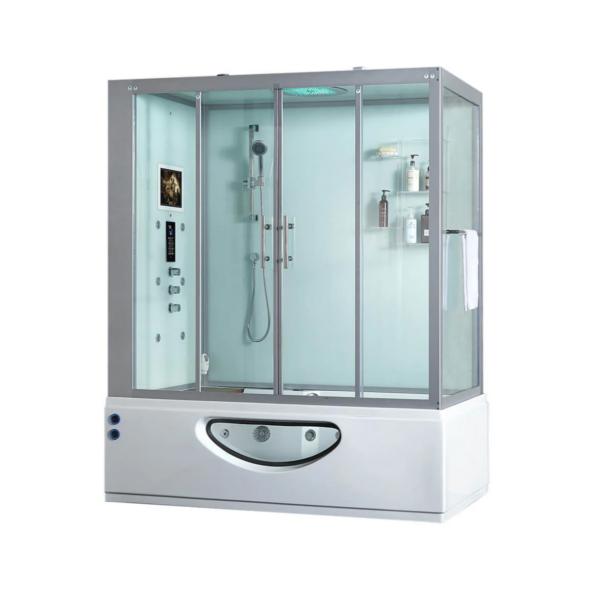 Main view of Maya Bath Platinum Catania Steam Shower white version with shower in the left position.