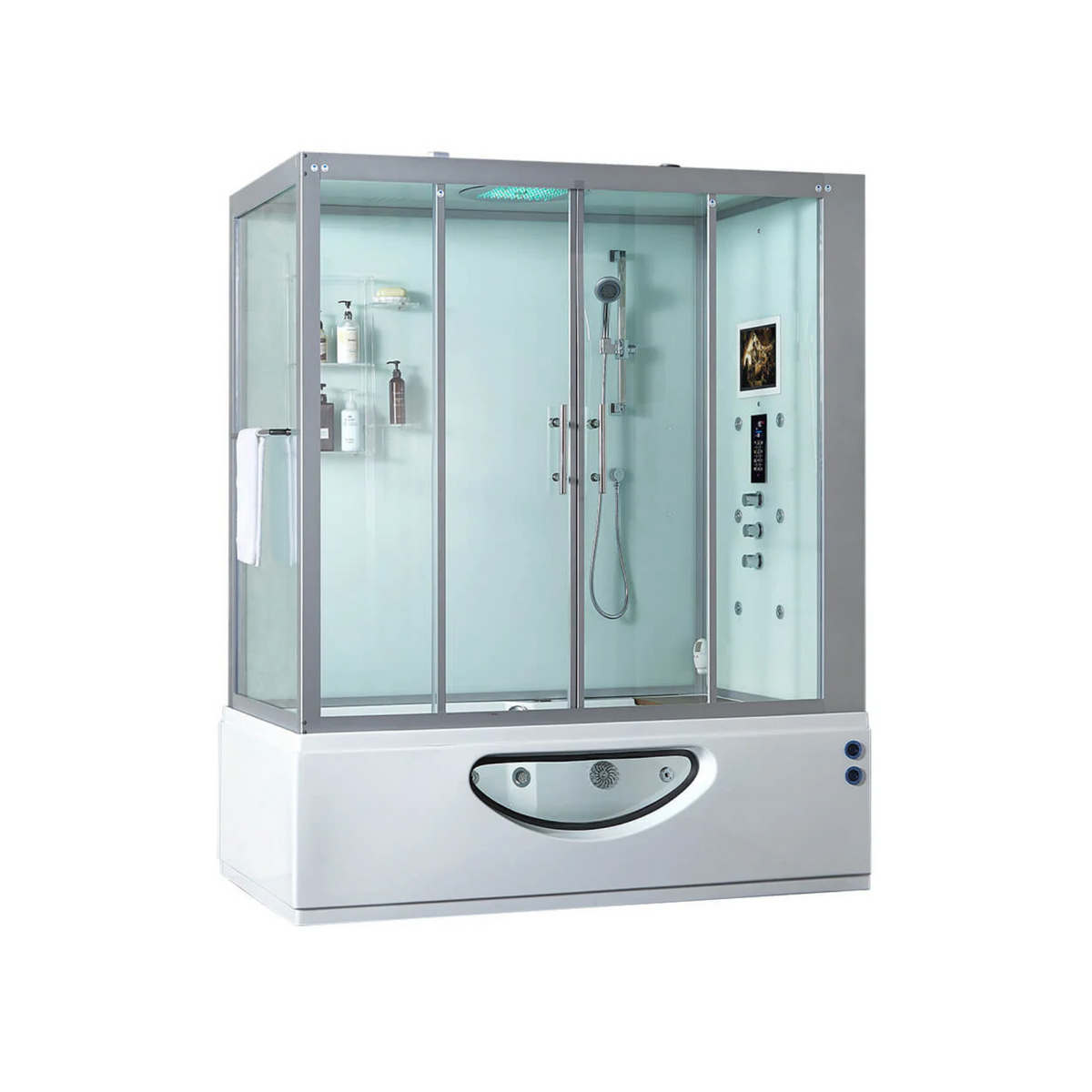 Main view of Maya Bath Platinum Catania Steam Shower white version with shower in the right position.