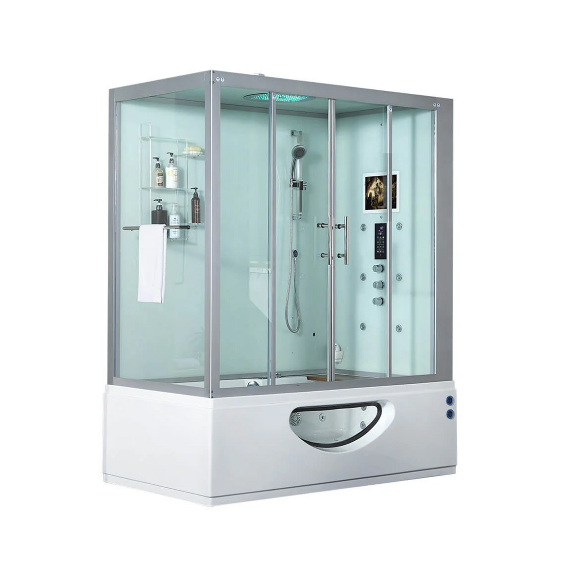 Side view of Maya Bath Platinum Catania Steam Shower white version with shower in the right position.