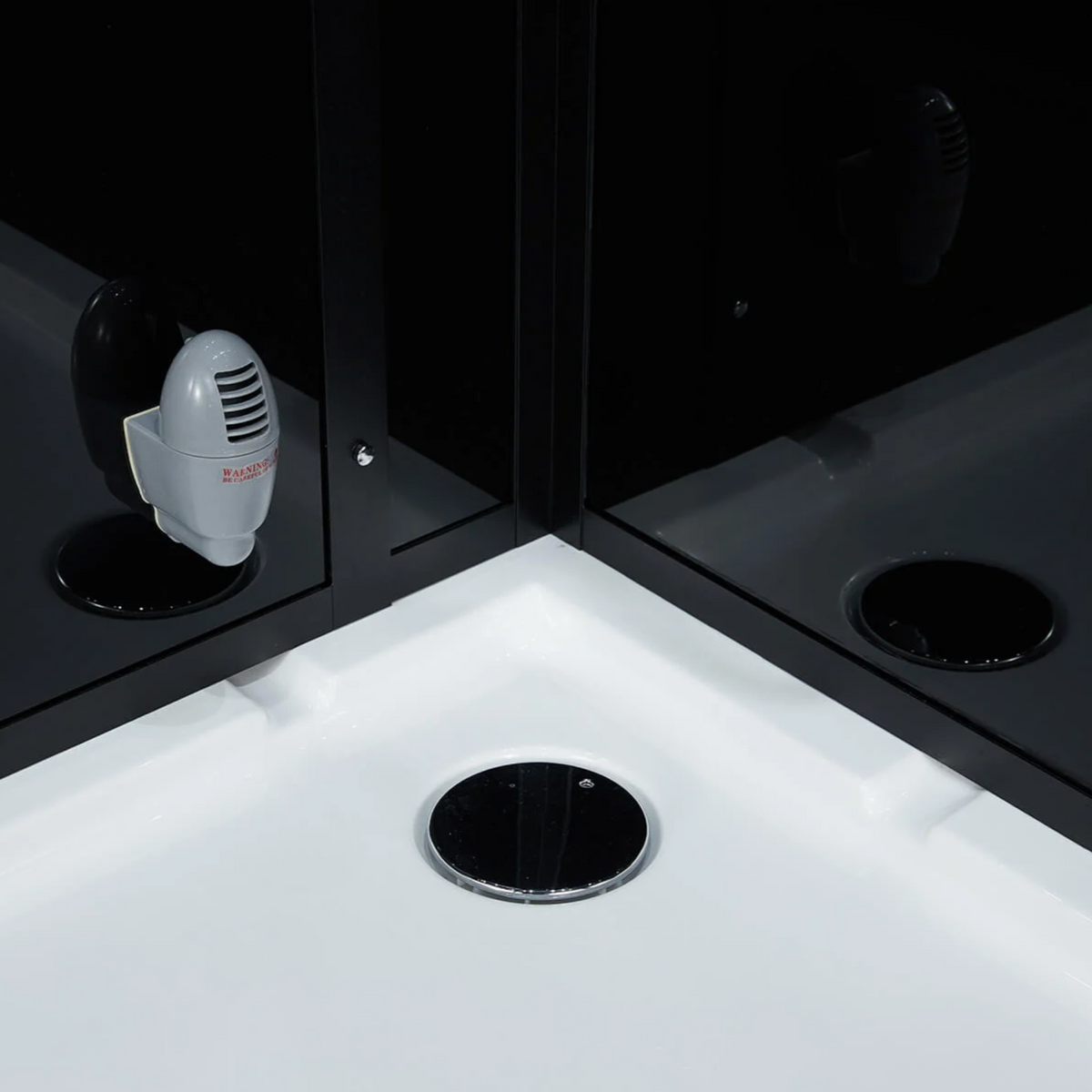 Close-up view of 5KW steam generator of Maya Bath Platinum Lucca Steam Shower black version.