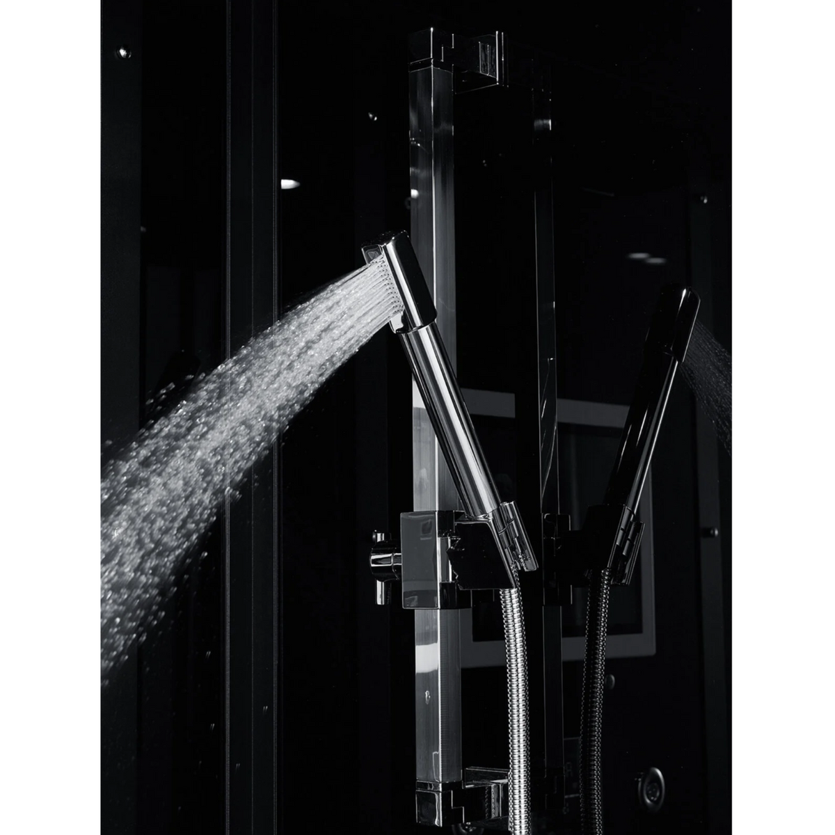 Close-up view of handheld adjustable shower head of Maya Bath Platinum Lucca Steam Shower black version.