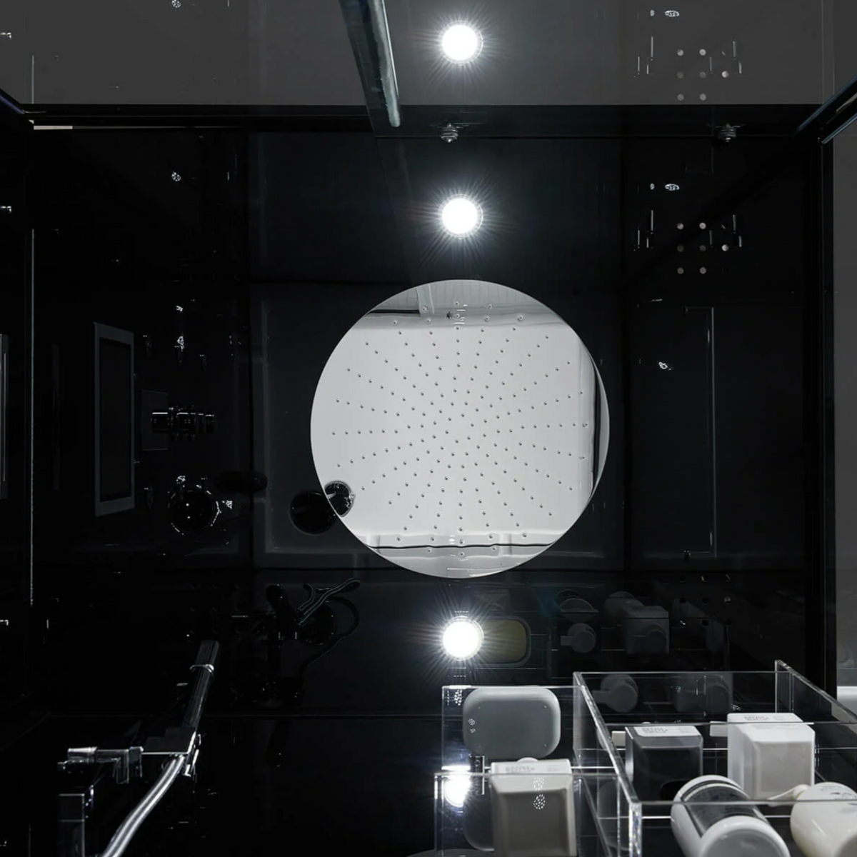 Interior view of Maya Bath Platinum Lucca Steam Shower black version.