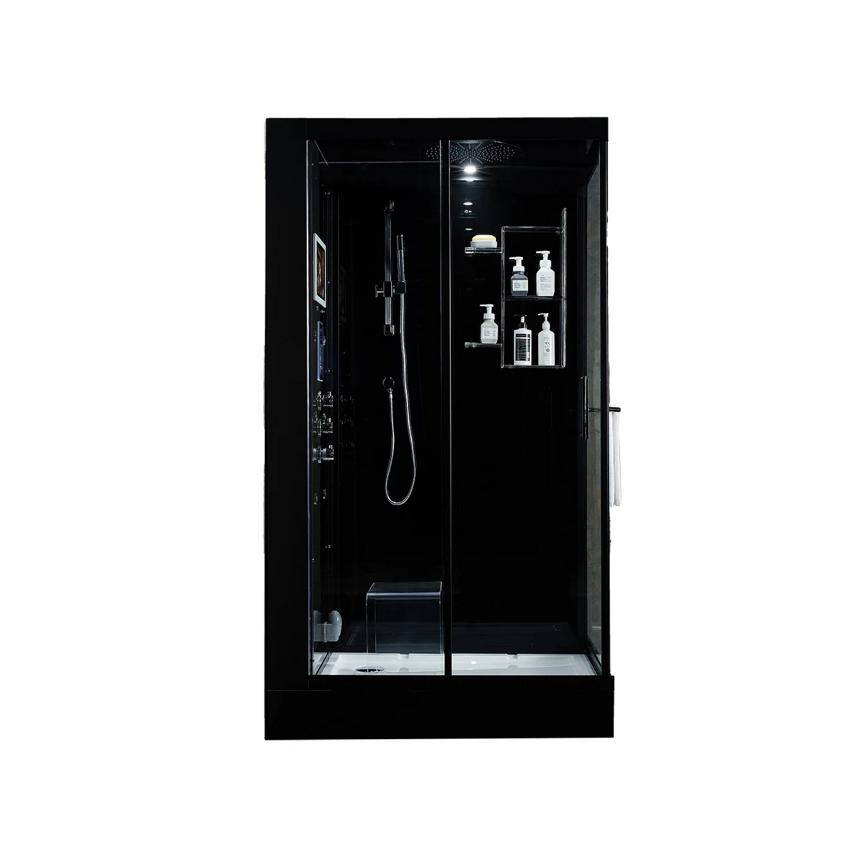 Front view of Maya Bath Platinum Lucca Steam Shower black version with shower in left position.