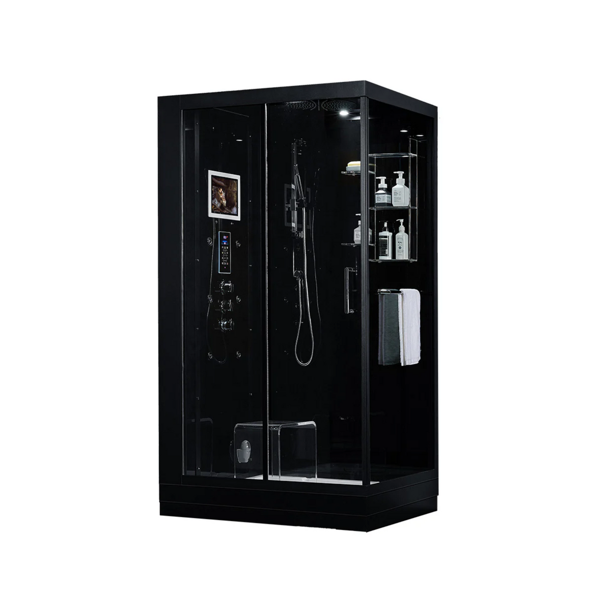 Main view of Maya Bath Platinum Lucca Steam Shower black version with shower in left position.