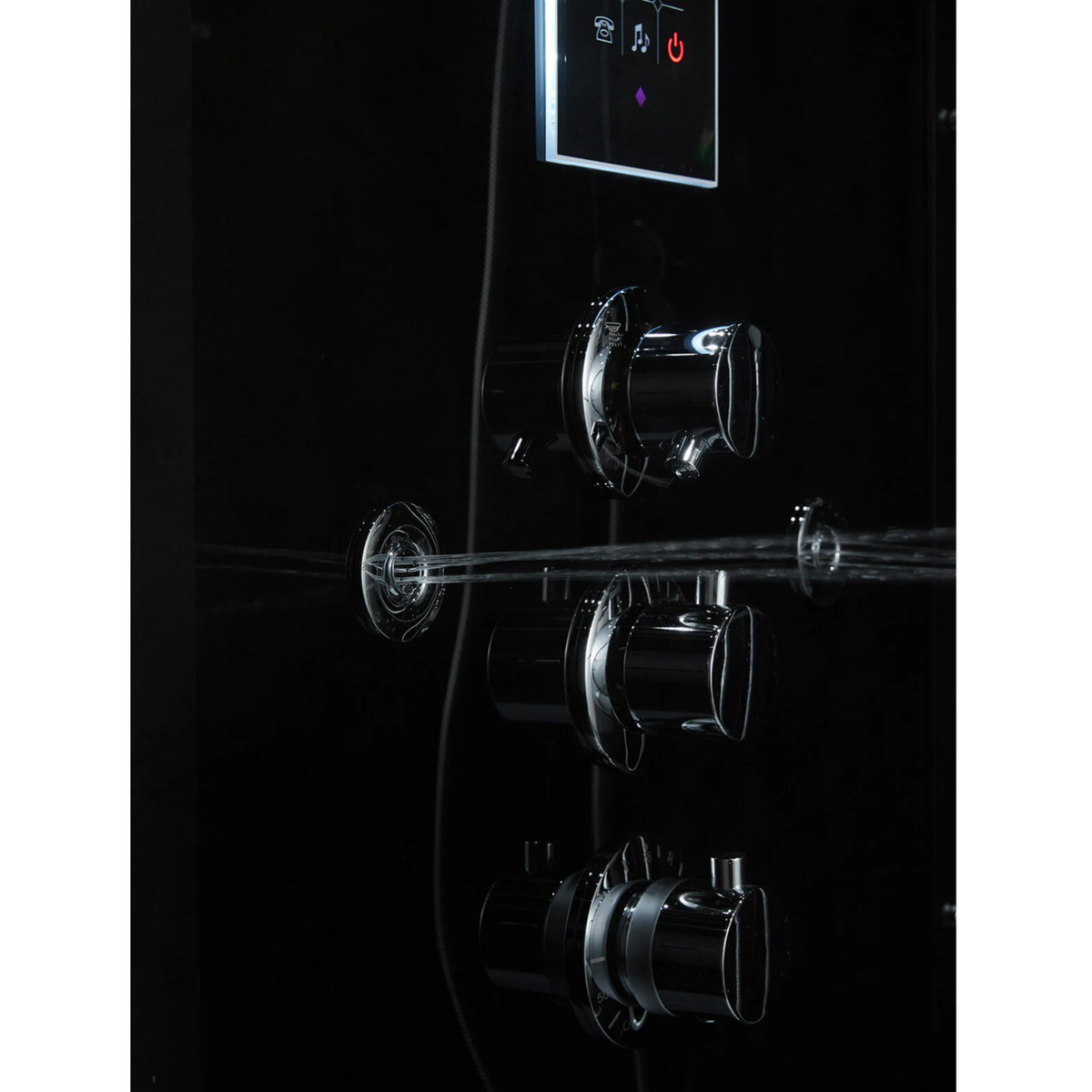 Close-up view of the massage jets of Maya Bath Platinum Lucca Steam Shower black version.