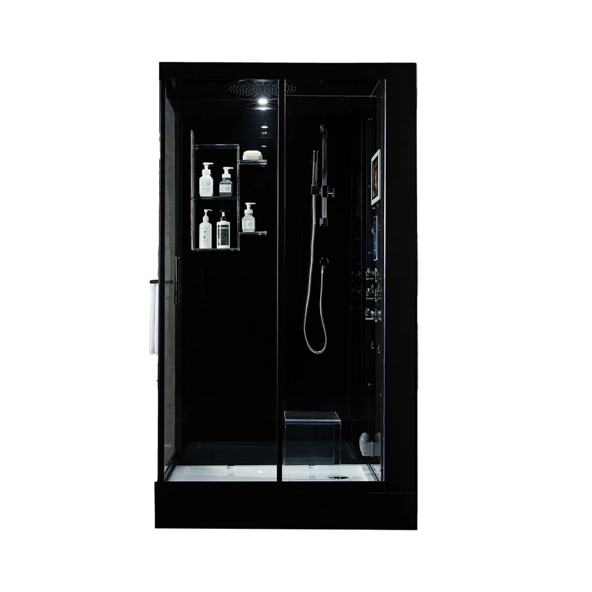 Front view of Maya Bath Platinum Lucca Steam Shower with shower in right position.