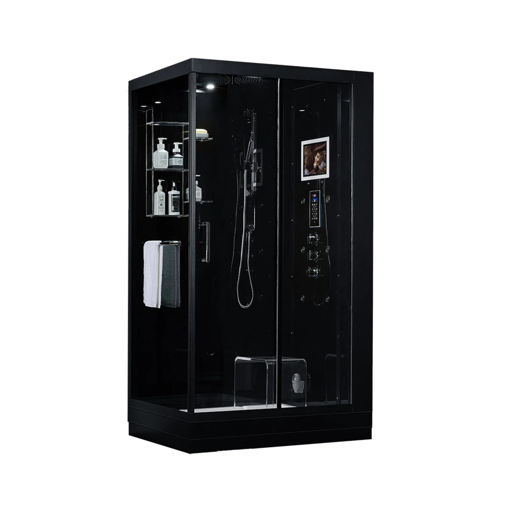 Main view of Maya Bath Platinum Lucca Steam Shower black version with shower in right position.