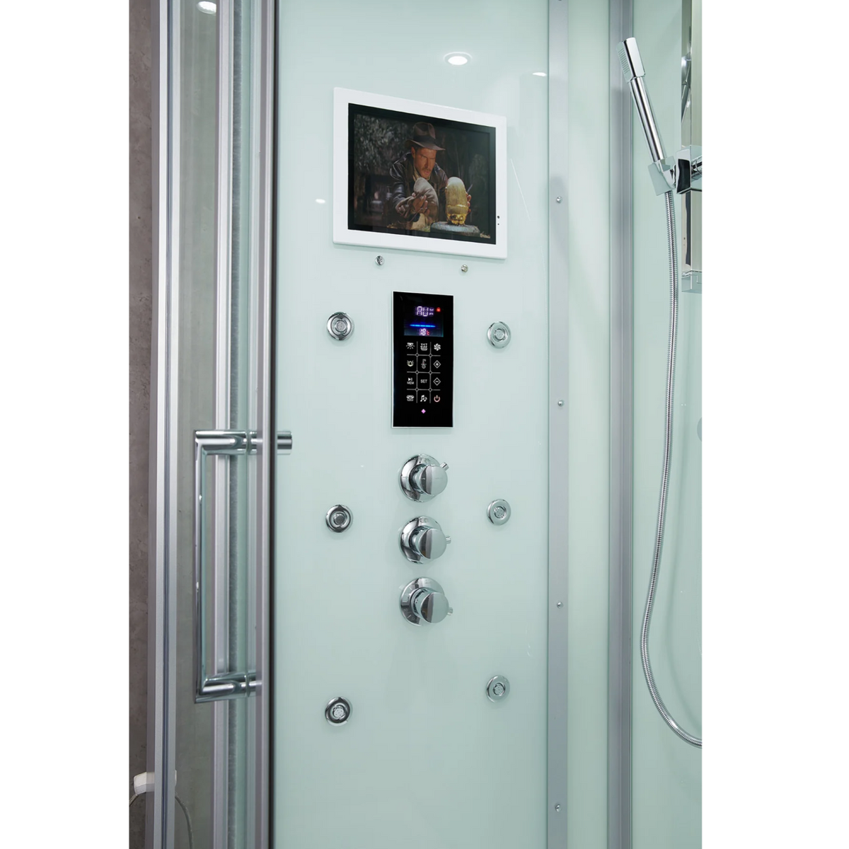 Interior view of Maya Bath Platinum Lucca Steam Shower white version, showing its smart TV, control panel and massage jets.