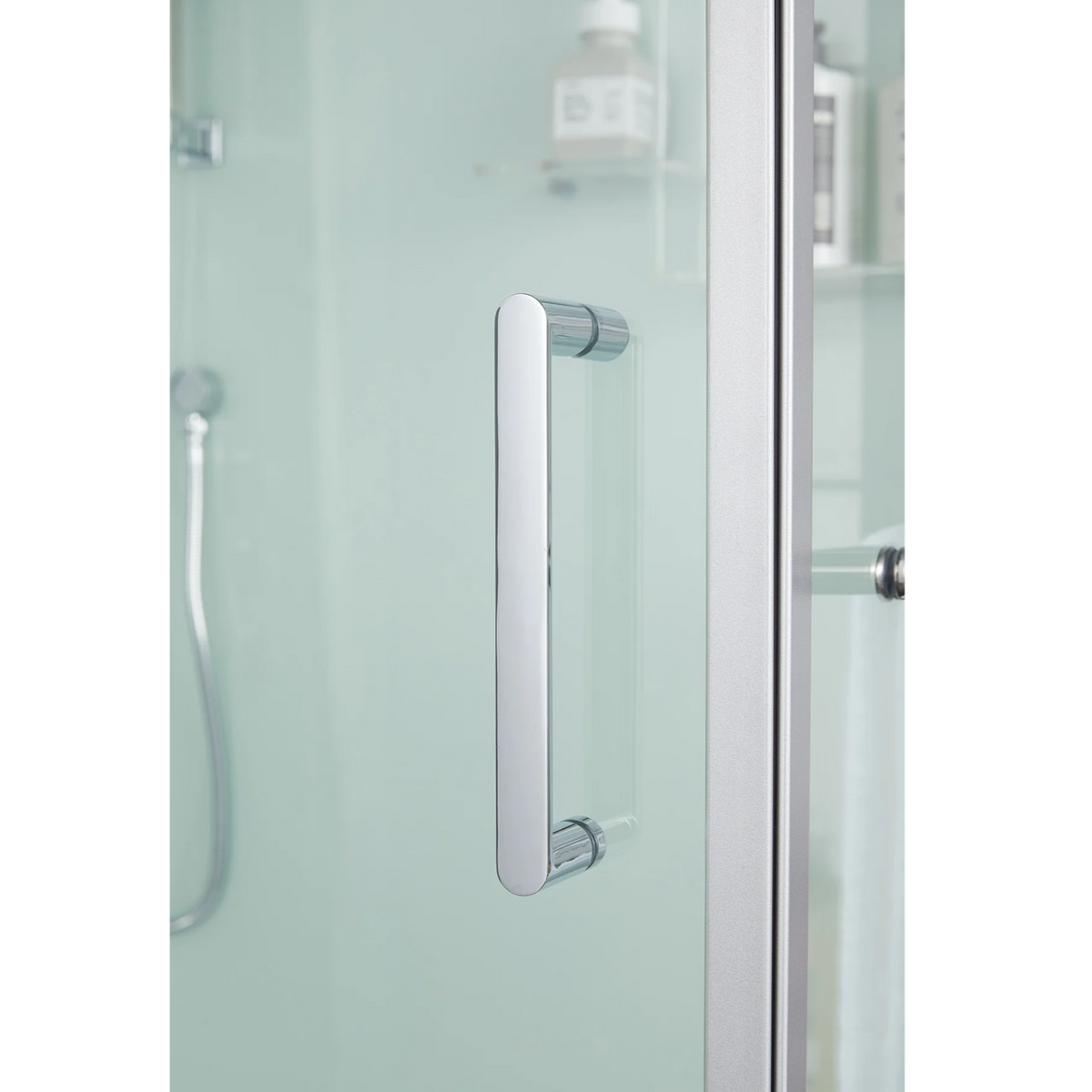 Close-up view of door handle of Maya Bath Platinum Lucca Steam Shower white version.