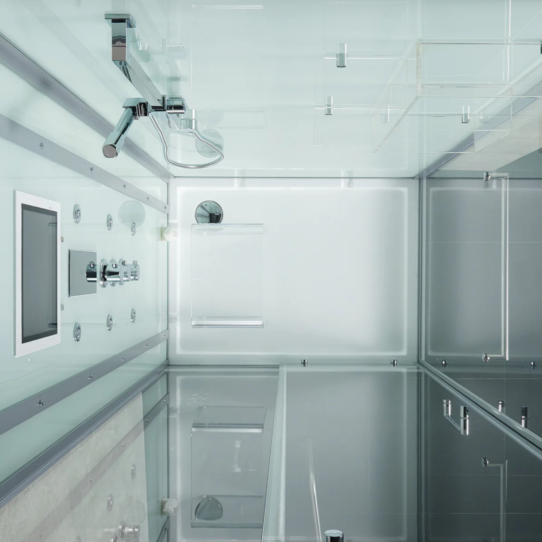 Interior view of Maya Bath Platinum Lucca Steam Shower white version, showing its clean and elegant design.