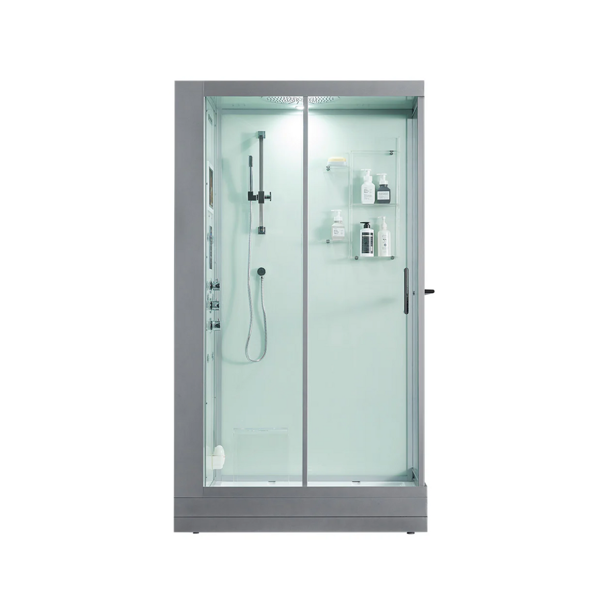 Front view of Maya Bath Platinum Lucca Steam Shower white version with shower in left position.