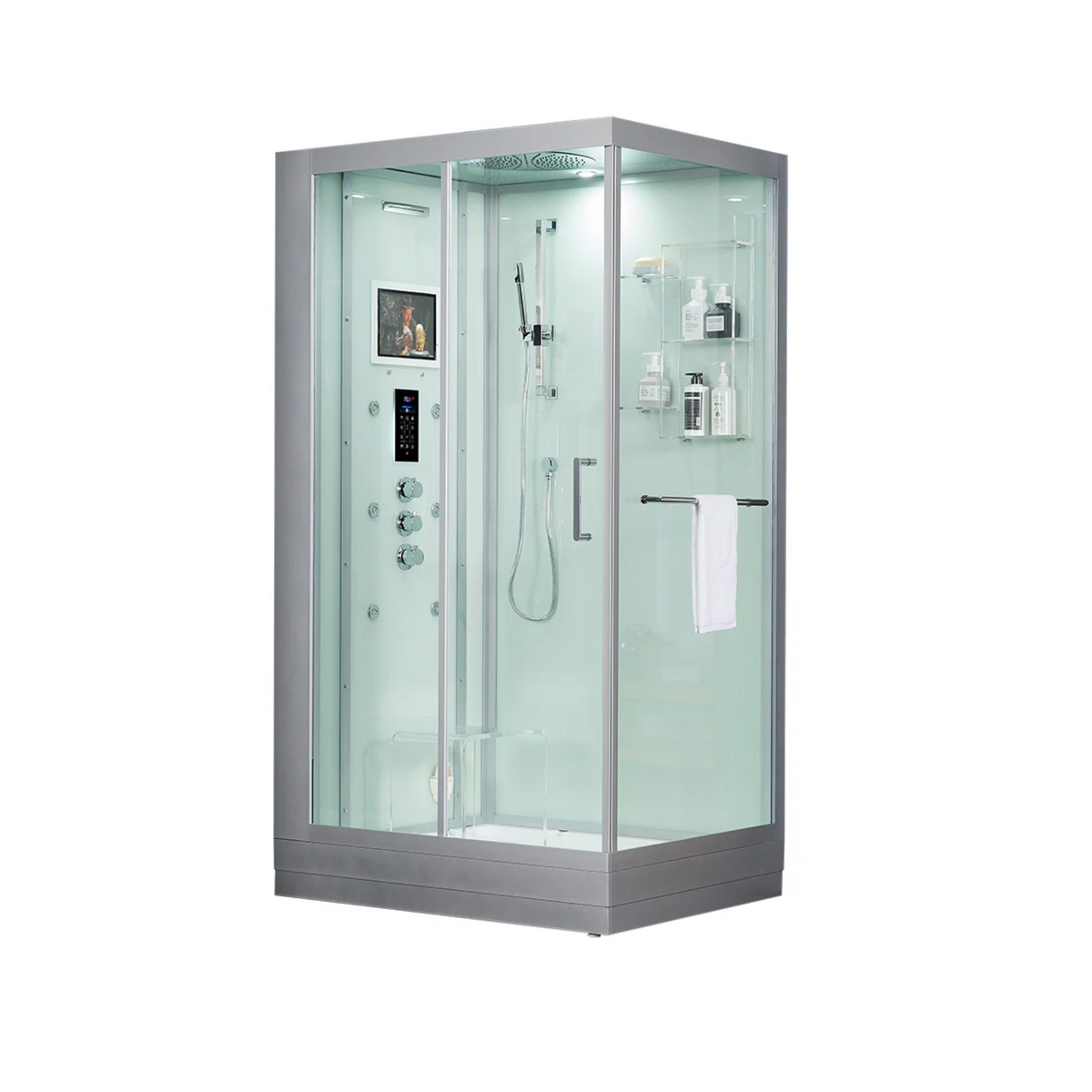 Main view of Maya Bath Platinum Lucca Steam Shower white version with shower in left position.