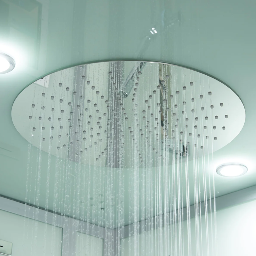 Close-up view of rainfall shower head of Maya Bath Platinum Lucca Steam Shower white version.