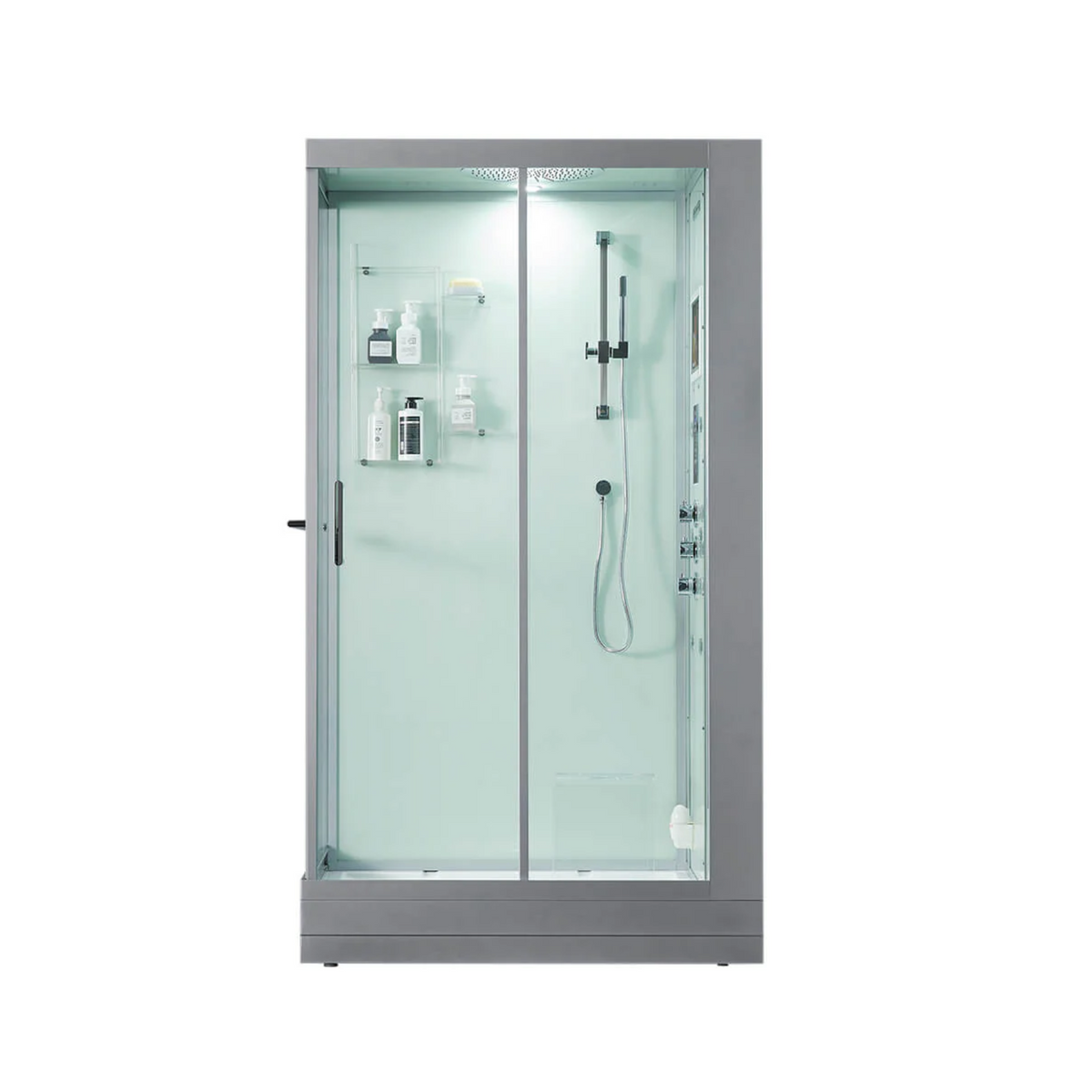 Front view of Maya Bath Platinum Lucca Steam Shower white version with shower in right position.