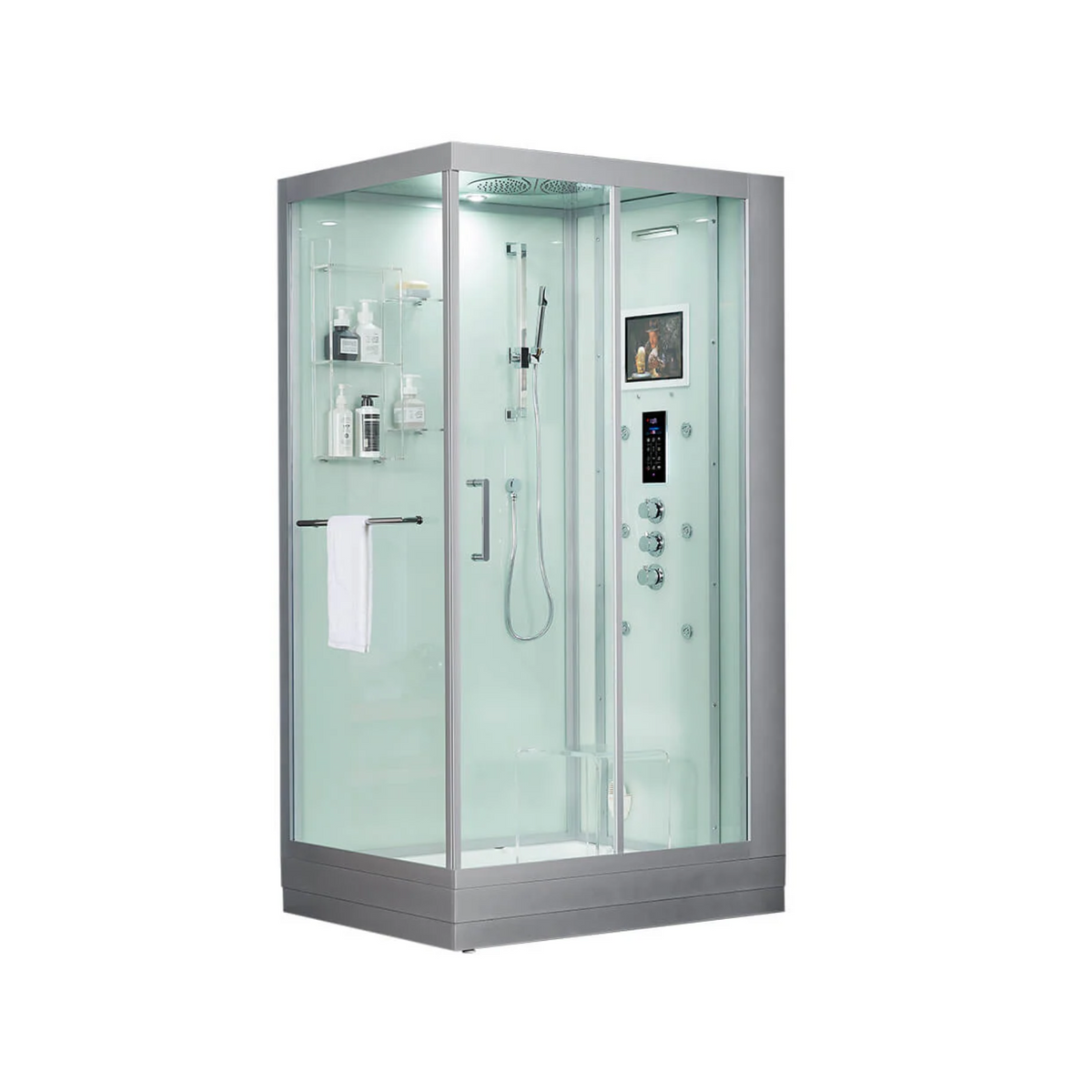 Main view of Maya Bath Platinum Lucca Steam Shower  white version with shower in right position.