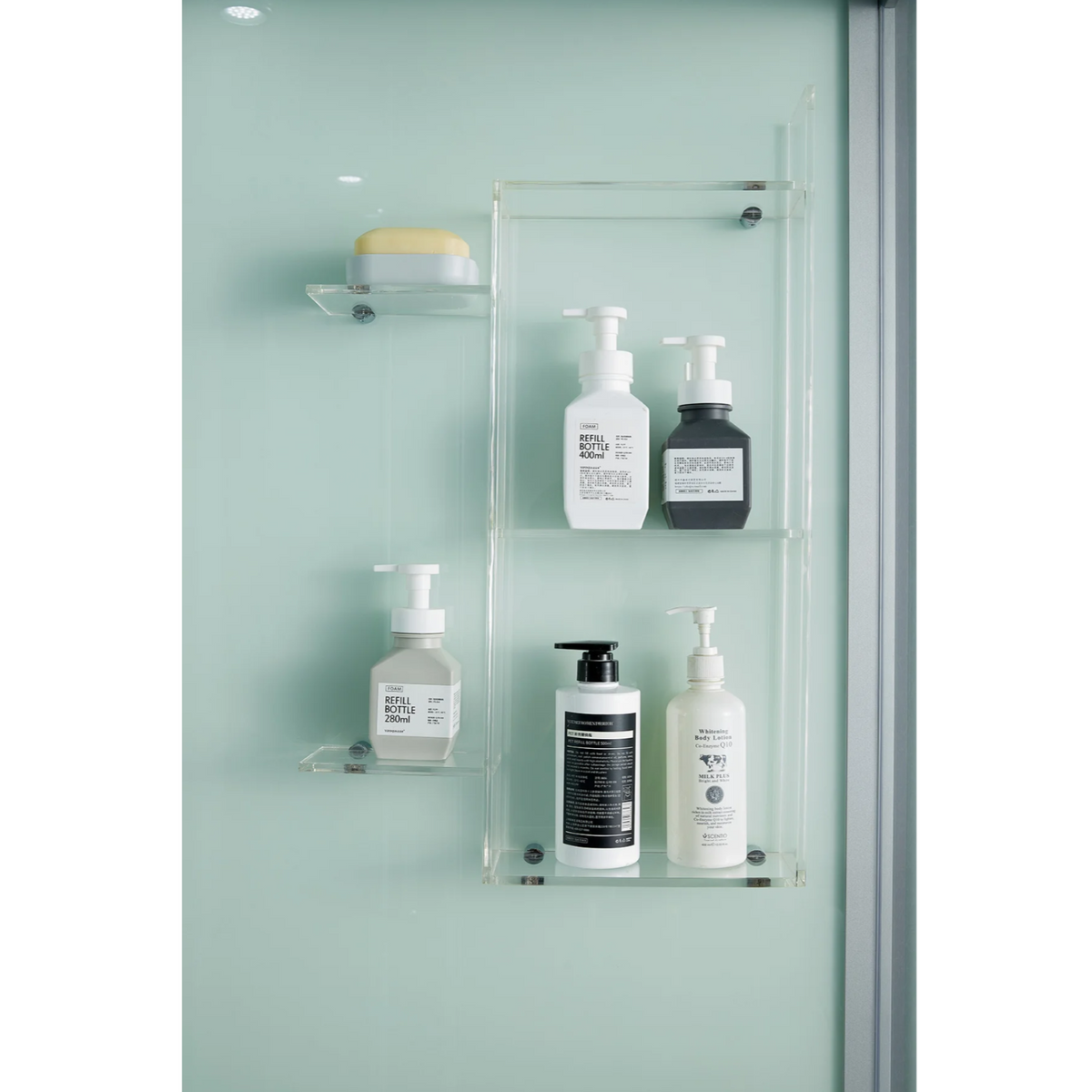 Storage shelves of Maya Bath Platinum Lucca Steam Shower white version.